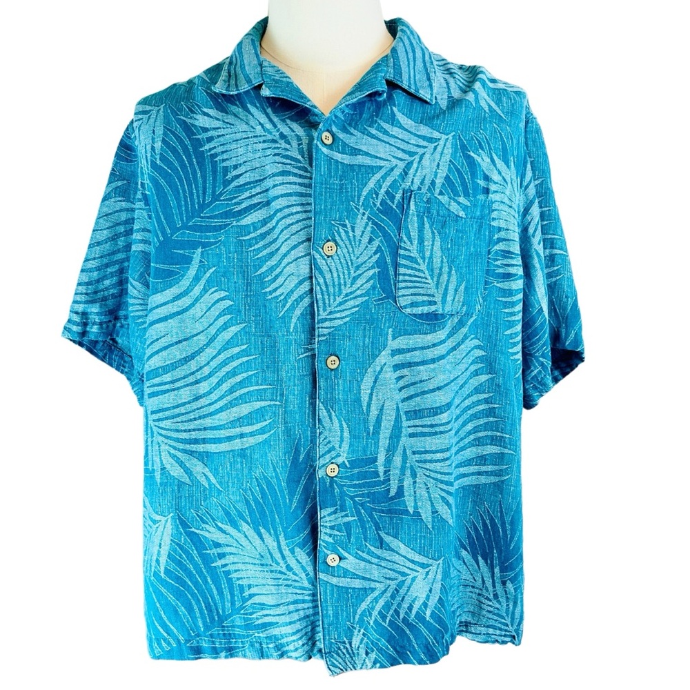 28 PALMS Linen Silk‎ Blue Leaf Print Short Sleeve Shirt XL Casual Date Night